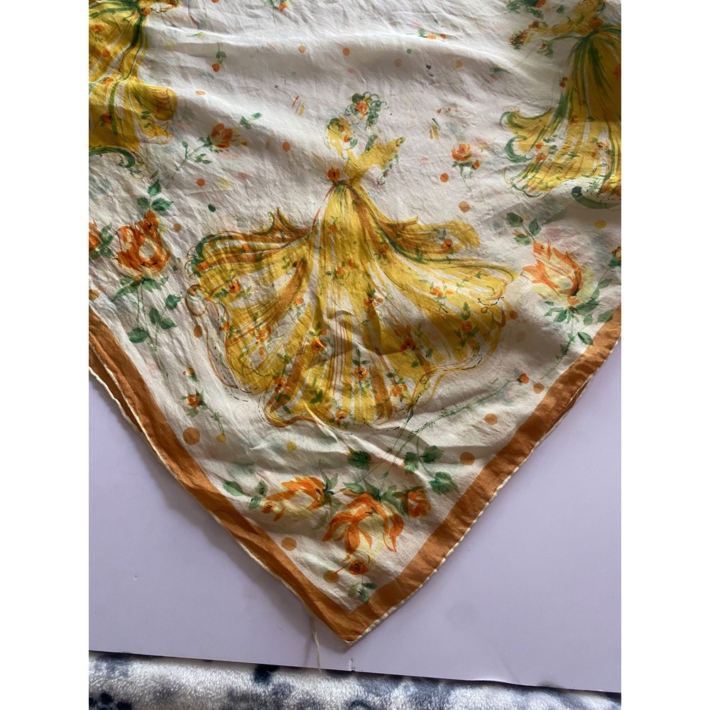 Vintage Square Scarf Yellow Ballgown Woman Floral Polka Dot Hand Rolled Hem 30in